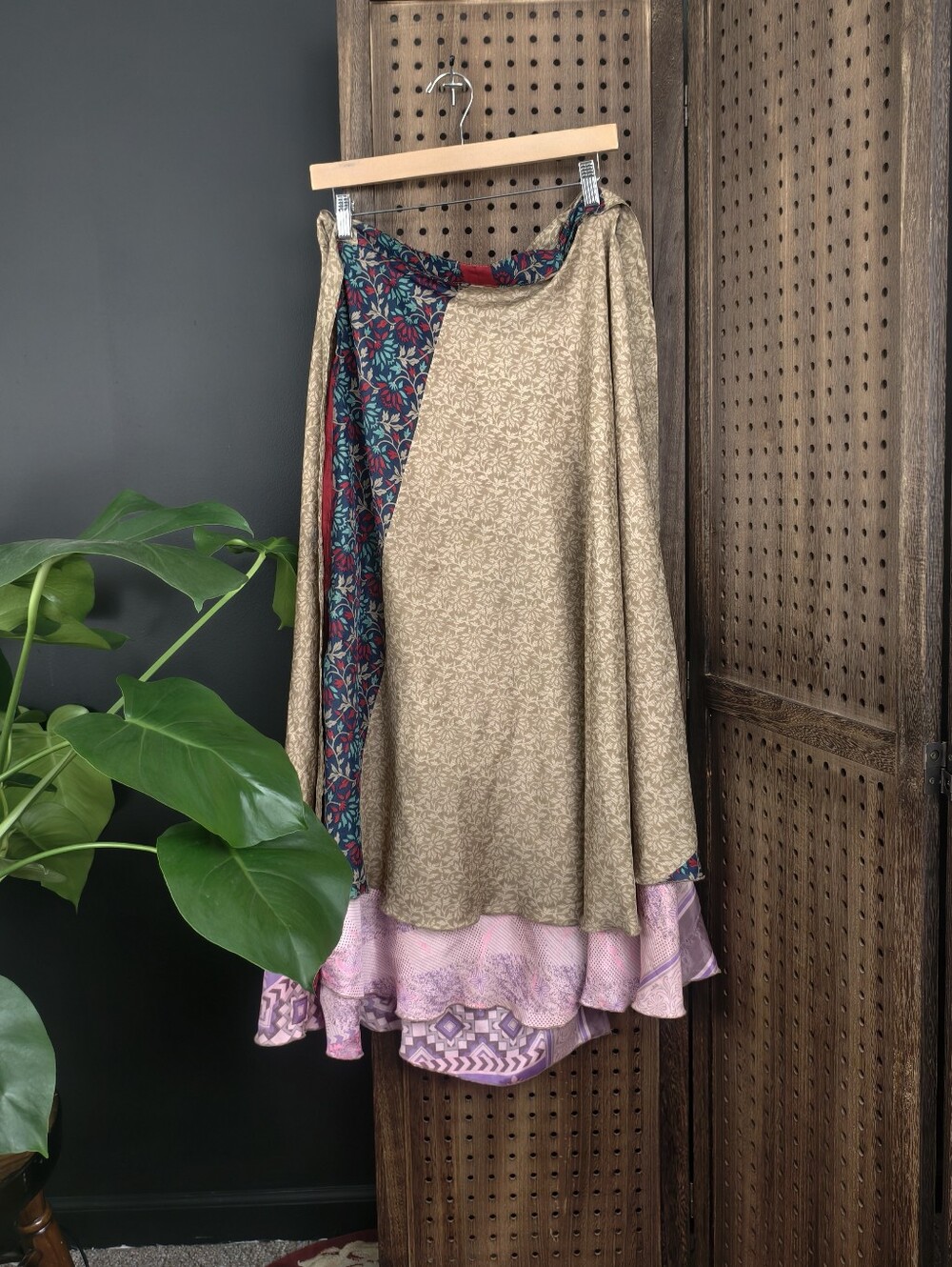 Vimtage Bohemian Multi-Panel Reversible Midi Wrap Skirt in Tan and Pink